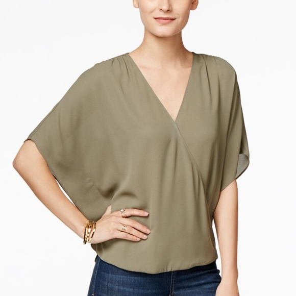 INC International Concepts Tops - INC Olive Draped Flutter-Sleeve Blouse